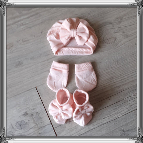 Ensemble Turban noeud + moufles + bandeau + chaussons assortis. tissu jersey de coton